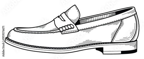 Classic mens penny loafer shoe line drawing featuring elegant details perfect for apparel purposes, advertising campaigns, and style guides