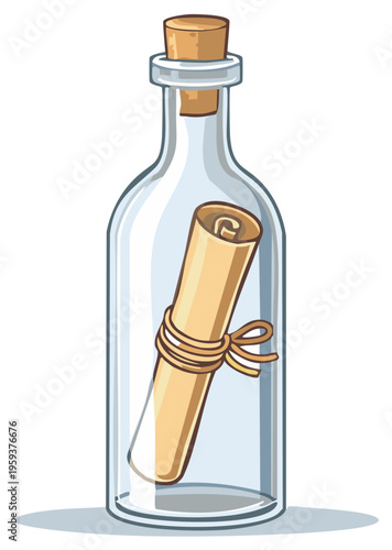 Message in a bottle with rolled scroll secured by twine