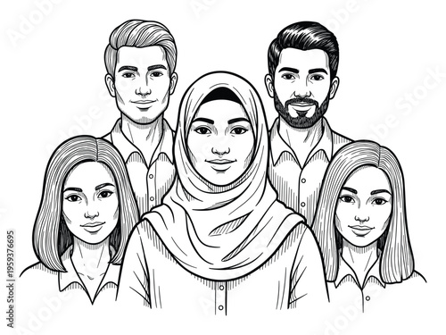 Professional group of smiling multiethnic individuals, including an Arab woman, illustrating team unity and positive social connection for corporate and communityfocused projects.