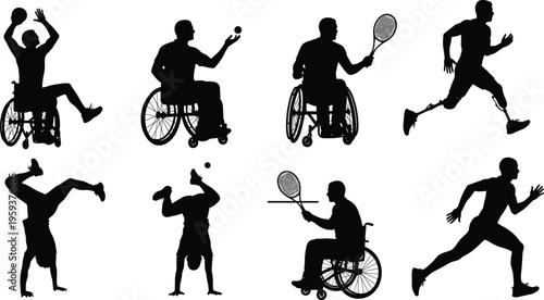 Adaptive sports silhouettes featuring wheelchair athletes runners and acrobatic movements, inclusive fitness and para sport action poses, dynamic athletic vector illustration set
