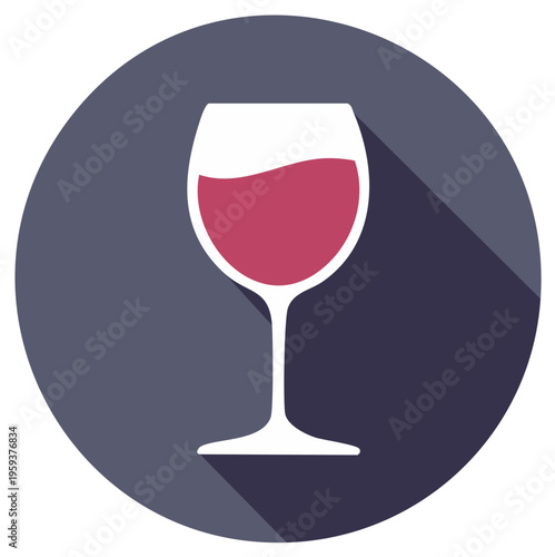 Stylized icon of a wine glass filled with red wine and cast long shadow