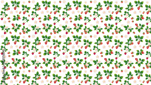 水彩風 レトロっぽい苺と花のパターン(16:9)Fresh fruit Series:Watercolor-style retro strawberry and flower pattern