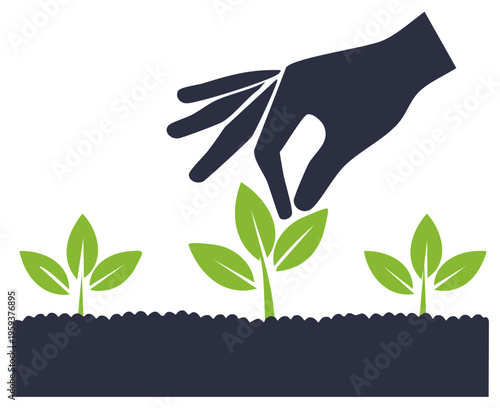 Stylized hand nurturing young green plants growing from soil illustration