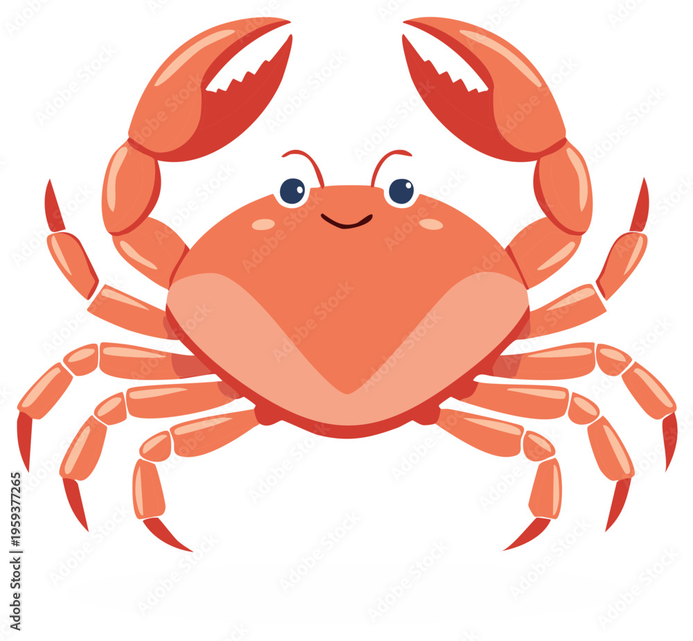 Fototapeta premium Happy cartoon crab with raised claws waving greeting sea creature illustration