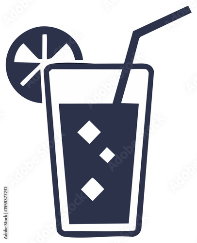 Refreshing cold beverage with lemon and straw in a glass with ice cube simple graphic icon