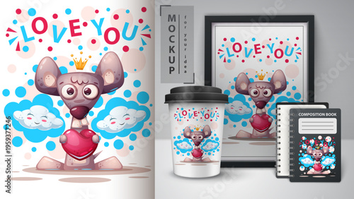 Cute cartoon deer holding heart, love you message mockup, baby animal