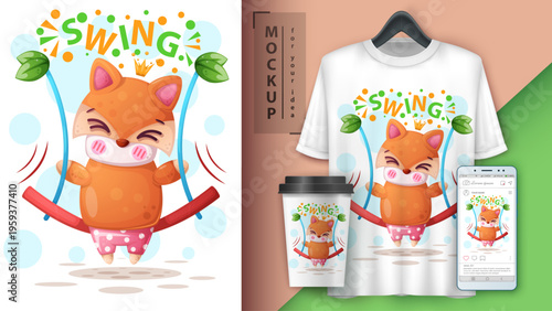 Cute fox swinging on a swing set, playful t-shirt design mockup