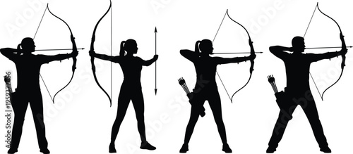 Archer silhouettes aiming bow and arrow, male and female archery shooting stances, target practice and sport training poses, black vector illustration set