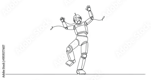 Modern single line abstract robot enthusiastically dancing with raised arms and a cheerful posture, symbolizing artificial intelligence, progress, and future technology applications.