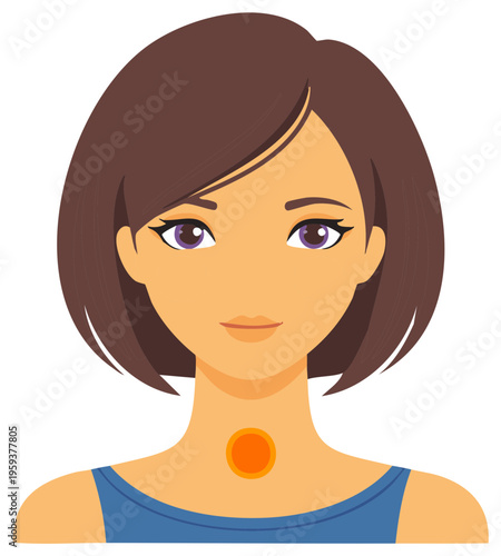 Vector illustration of a woman with a sore throat showing a red inflammation spot on her neck