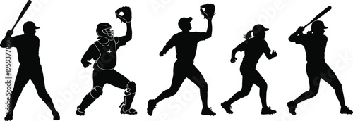 Baseball and softball player silhouettes set with batter, catcher, pitcher and runner, black vector illustration isolated on white background, sports action collection