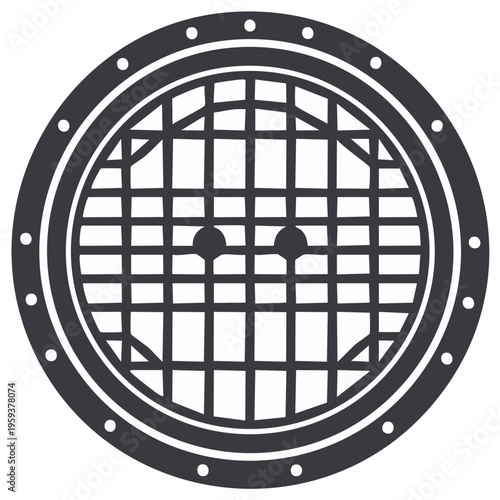 Circular grate cover with bold industrial grid pattern and bolt details