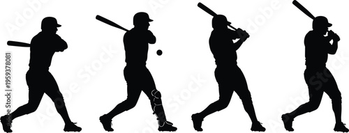 Baseball batter swing sequence silhouettes, black vector illustration of player hitting ball isolated on white background, dynamic sports action set