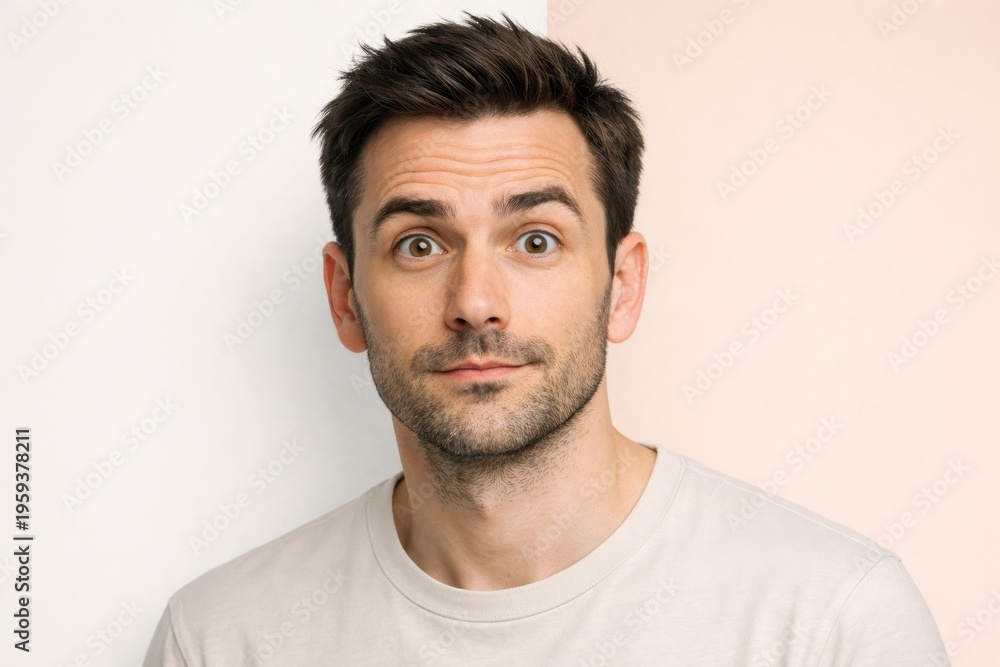 Fototapeta premium Man with wide eyes and slightly open mouth expressing surprise or confusion