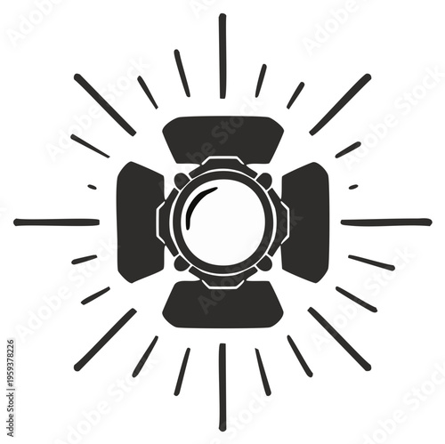 Studio spotlight lamp with rays in black and white vector graphic