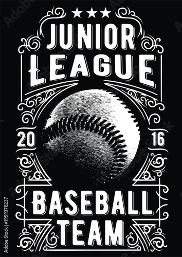 Vintage junior league baseball team emblem with ball and stars