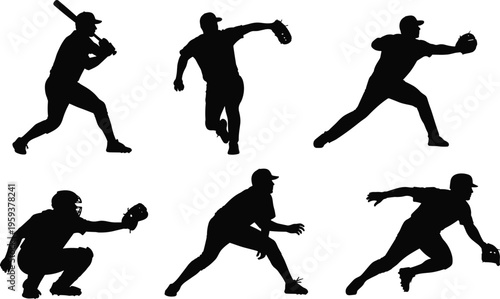 Baseball player silhouette collection in dynamic action poses, black vector illustration of batter pitcher catcher and fielder isolated on white