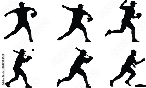 Baseball player silhouette action set, pitcher throwing, batter hitting, runner sliding collection for sports training, team branding, athletic posters, black vector illustration