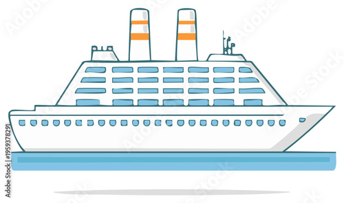 Cartoon illustration of a large white cruise ship or ocean liner sailing on the sea