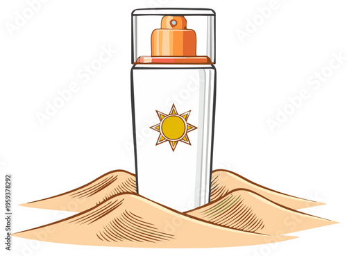 Sunscreen spray bottle with sun icon stands in beach sand dunes illustration