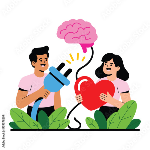 A man and woman connecting their hearts and brains with electricity