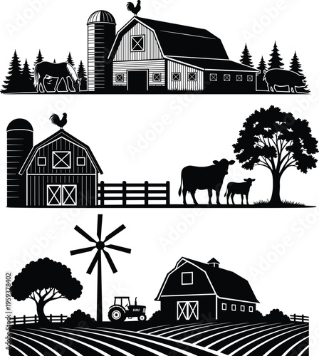 Rustic farm silhouette set featuring barn tractor livestock trees and rural landscape icons for agriculture branding design and vintage countryside illustration collection