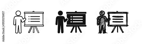 Person giving a presentation icon set, representing business meetings, training, and education.