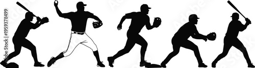 Baseball silhouettes, pitcher throwing ball, batter swinging bat, fielder running glove, crouched player fielding, dynamic sports action, athletic movement vector illustration