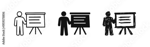 Person giving a presentation icon set, representing business meetings, training, and education.