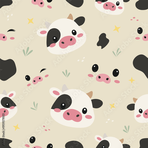 Seamless Cute Cow Pattern with Stars and Grass in Soft Pastel Minimal Style