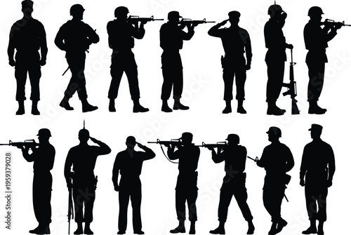 Silhouette collection of soldiers with weapons military personnel standing poses armed forces defense security army combat black isolated illustration set