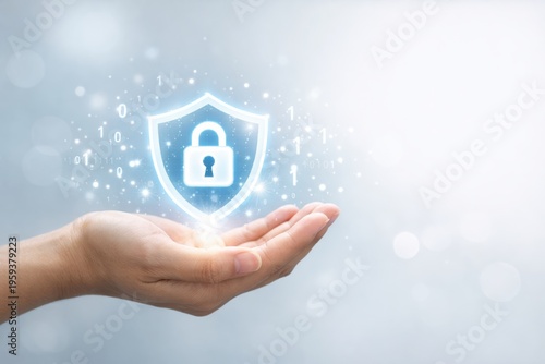 Cybersecurity Shield: A digitally rendered glowing shield with a padlock floats delicately above an open hand, illustrating concepts of security, protection, and data privacy.