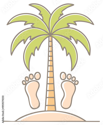 Palm Tree with Feet Icon on Sand Island Design for Summer Holiday Concept