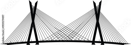 Cable stayed bridge silhouette vector illustration, modern architecture structure with suspension cables, urban infrastructure design isolated, 