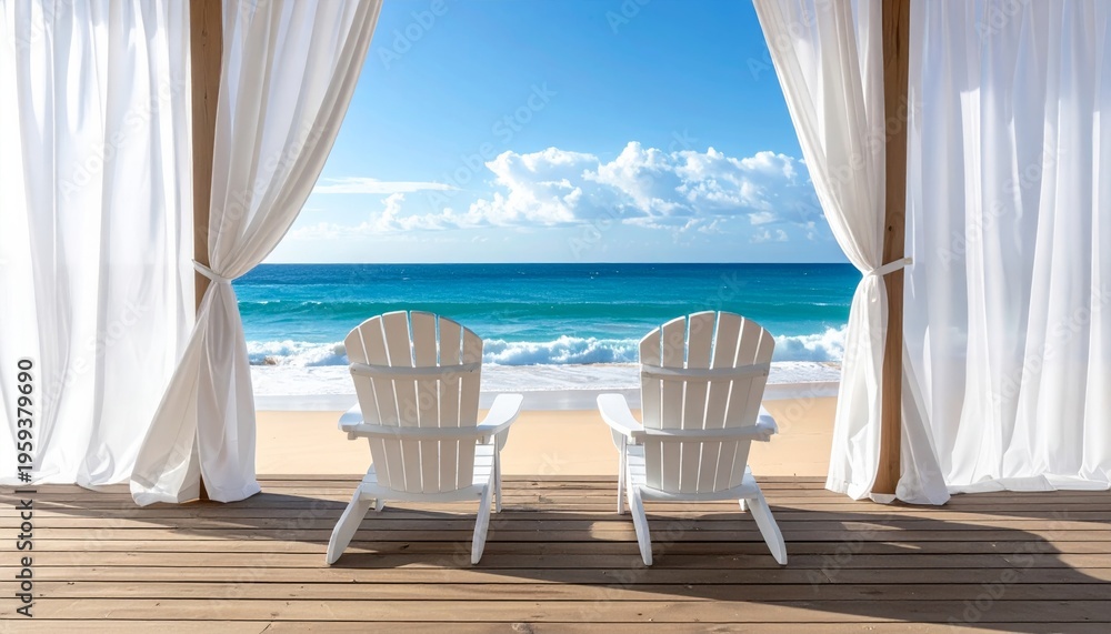 Fototapeta premium Relaxing summer vacation view of a wooden table and chairs on a tropical resort terrace overlooking the blue ocean sand and sunny island coast