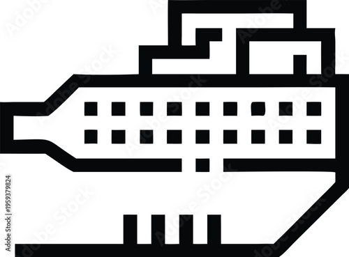 A simplified black outline icon representing a large passenger cruise ship on its journey