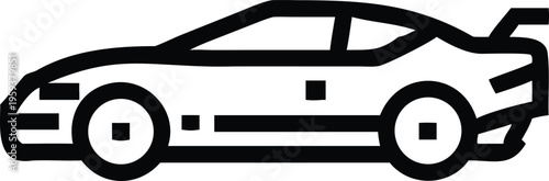 A sleek black outline icon of a modern sports car with a distinctive rear spoiler