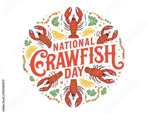 Happy National Crawfish Day Vector, Seafood Feast and Cajun Cuisine Illustration