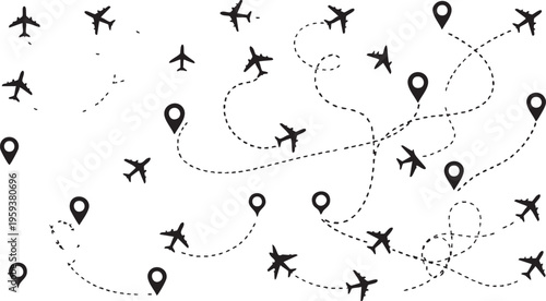 Black airplanes and map pins on white background with dotted lines black and white travel