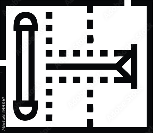 Architectural blueprint layout with a directional arrow indicating movement or spatial flow