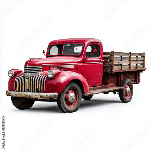 A vintage red pickup truck with a wooden bed. The truck has a classic design and shows signs of wear, highlighting its nostalgic charm.
