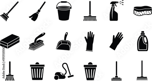 Cleaning Tools Silhouette Vector Set, Household Equipment Icons Collection, Black and White Isolated уборка Supplies for Home Maintenance, Hygiene and Sanitation Design
