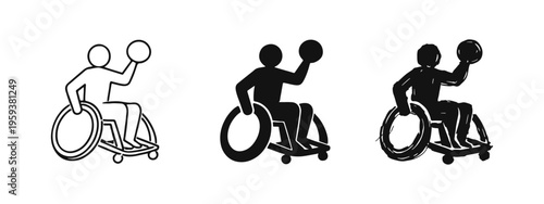 Wheelchair Basketball Player Icon Set, Disabled Athlete in Wheelchair Playing Basketball, Paralympic Sport Icon Collection