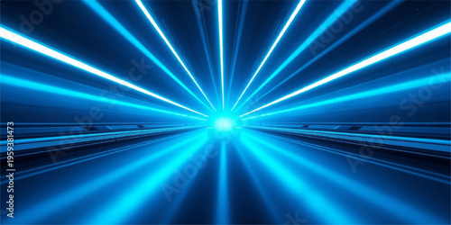 An abstract blue background with a burst of speed motion blur features glowing energy rays and a bright laser flare shining through a celestial space design