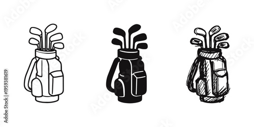 Golf Bag and Clubs Icon Set, Golf Equipment Sports Illustration, Professional Golf Gear Symbols, Leisure Activity