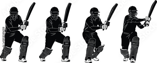 Cricket batsman silhouette set in batting action poses, black vector illustration of professional player isolated on white background