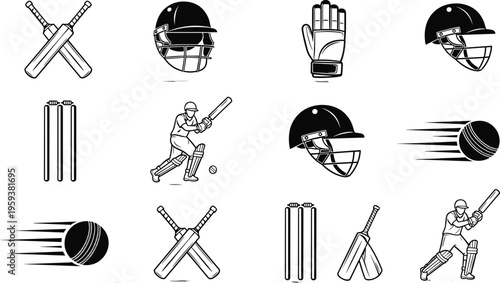 Cricket equipment and player icon set with bats, helmet, gloves, wickets and ball, black vector illustration isolated on white background