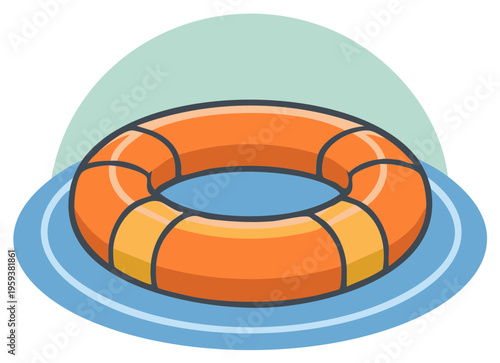 Orange life preserver floating on blue water with a light green background circle