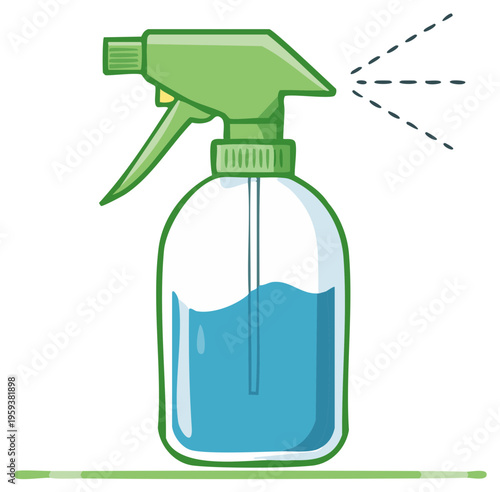 Green trigger spray bottle dispensing blue liquid with mist spray action