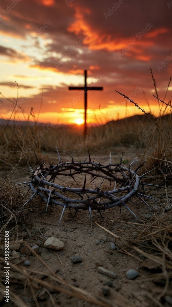 Fototapeta premium Crown of Thorns With Cross at Sunset Landscape